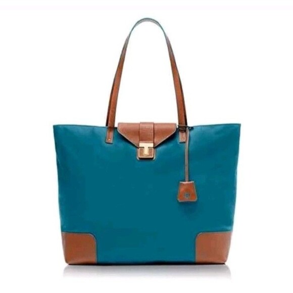 Tory Burch Penn Nylon Faux Leather 14" Tote Shoulder Bag Teal Brown GUC - Picture 3 of 16